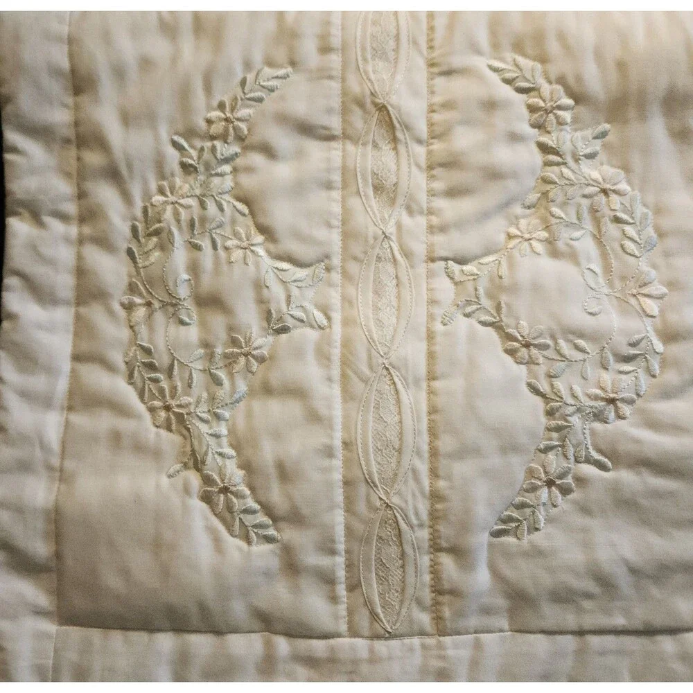 Handmade Baby Quilt Cream & White w/ Embroidery Lace Inset 42